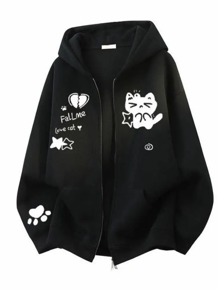 American Lazy Style Cartoon  Print Hooded Zipper Sweatshirt Spring Autumn Unisex Loose Casual Open Cardigan Jacket