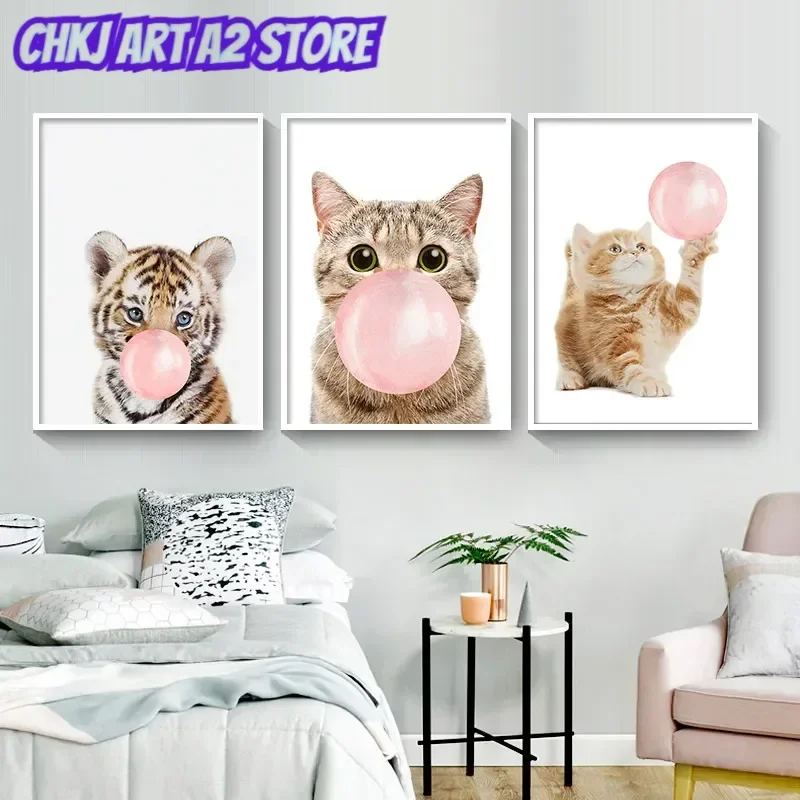 Nordic Wall Art Picture Girl Baby Bedroom Home Decor Pink Balloon Bubble Gum Cute Cat Tiger Animal Canvas Painting Posters