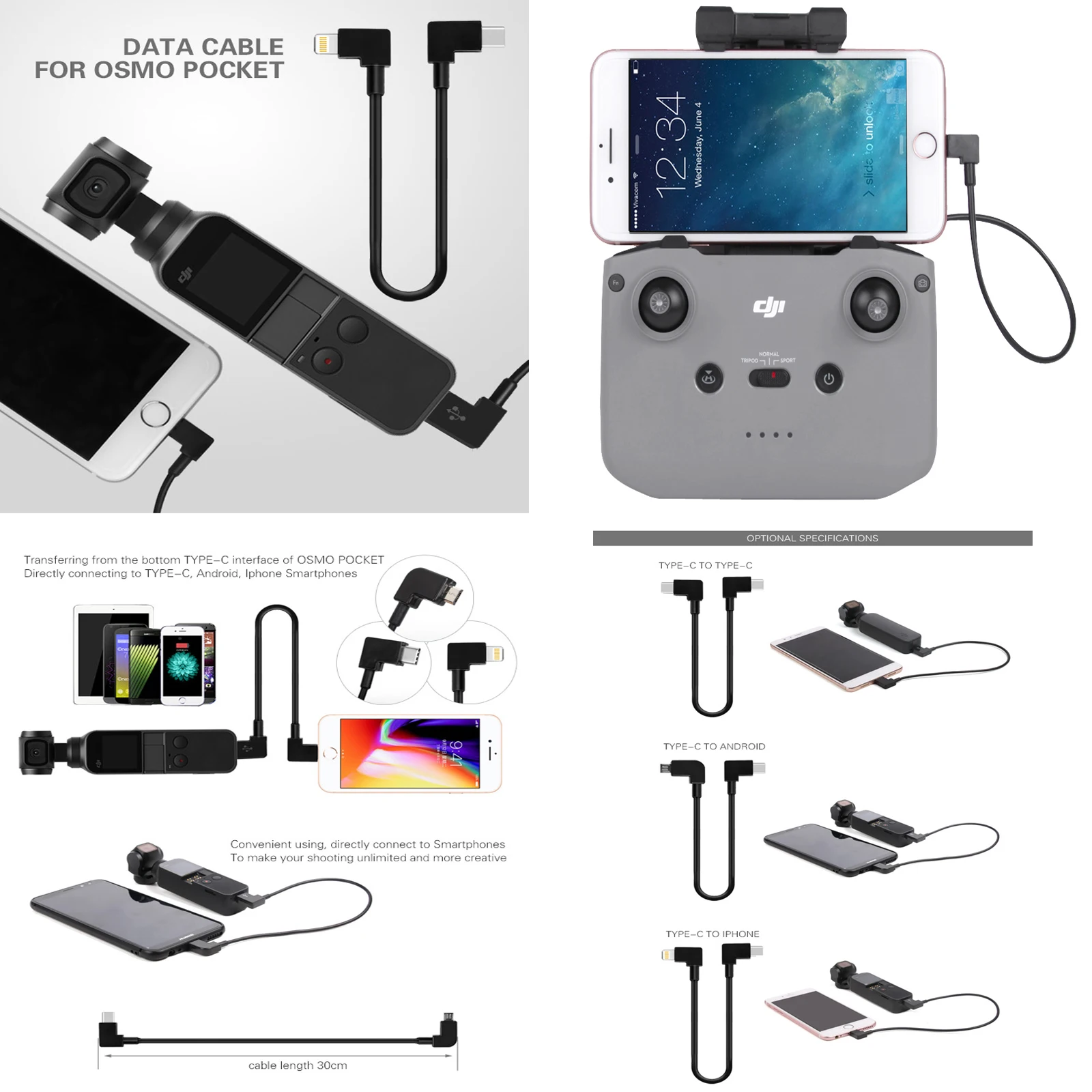

30cm Universal Mobile/Tablet Data Adapter Remote Control Cable For DJI Neo/Pocket 2/FPV/Avata 2/Mavic 3/Mini 4 Pro/Air 3S/Flip