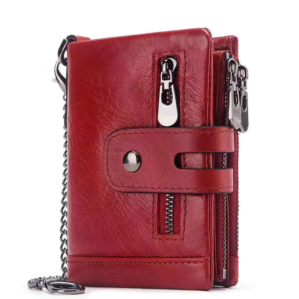 Wallet Genuine Leather Men Wallet Short Male Purse Double Zipper Design RFID ID  Card Holder with Coin Purse Chain Fashion