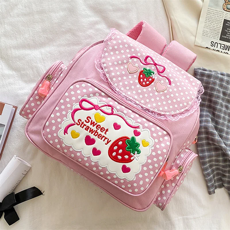 

Japanese Schlool Bags Backpack Kids Cute Soft Girl Sweet Lovely Embroidered Fruit Strawberry Lace Girl Student Schoolbag Girl