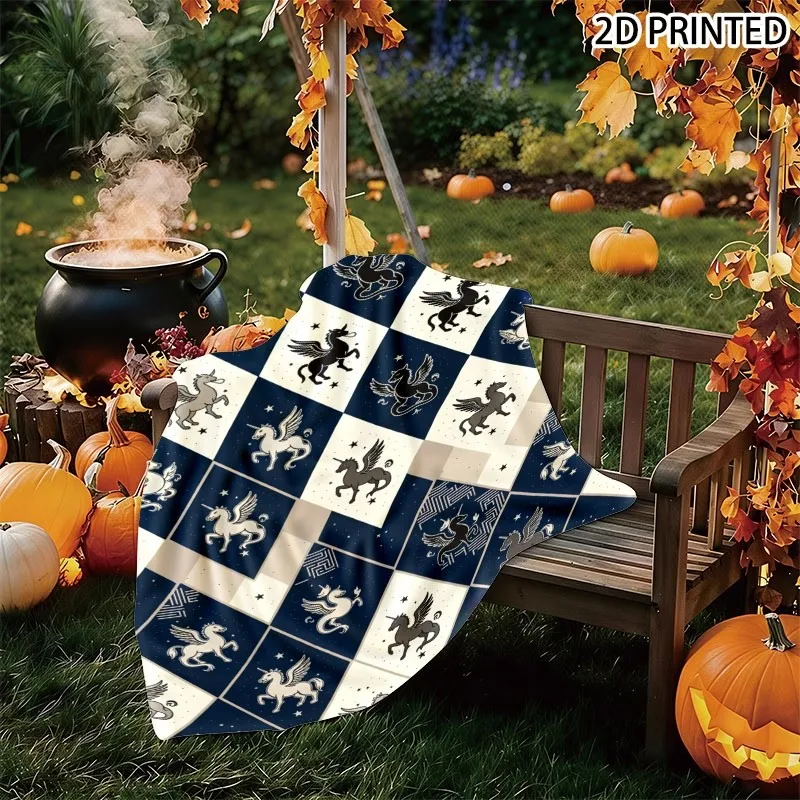 Whimsical Vintage Mythical Creature Print Throw Blanket, Unicorn And Griffin Pattern with Star Motifs on Navy Checkered Base, Mu