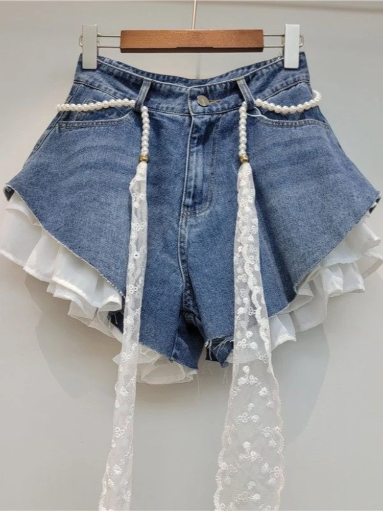 Fashion Elegant Denim Shorts High Waist Patchwork Pockets Female Slim Spicy Girl Short Pants Summer Design Sashes Women Clothing