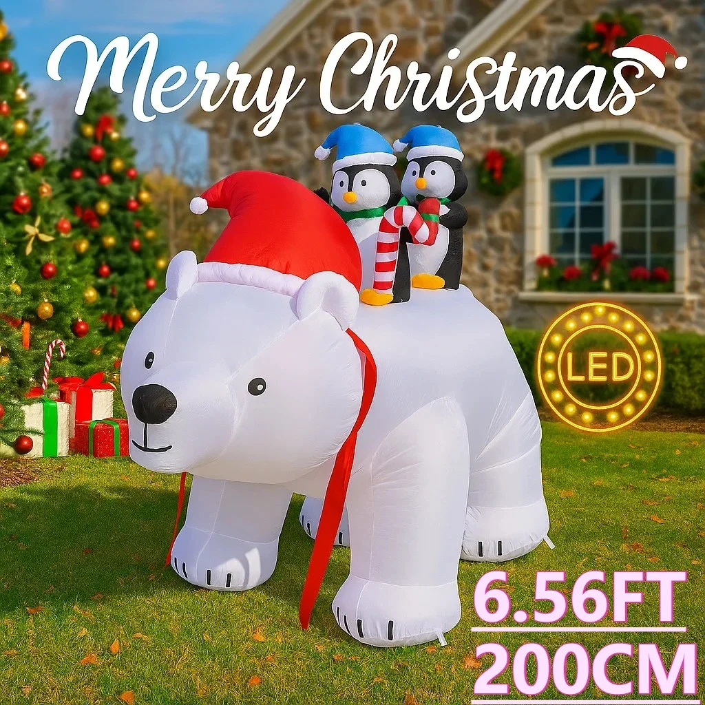 6.56FT Outdoor Christmas Inflatable - Shakable Polar Bear with Penguins, LED -lit for Home and Yard Holiday Decor Ornaments