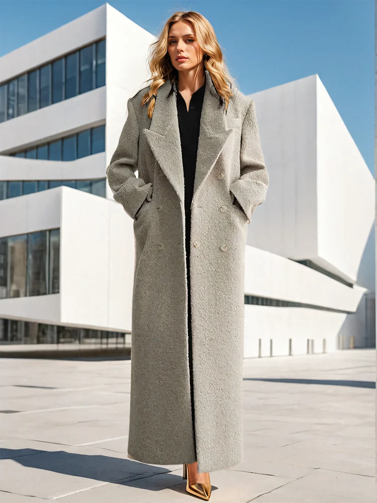 DEAT Fashion Women's Woolen Coat Lapel Loose Triple Breasted Long Sleeves X-long Beige Blends Overcoat Winter 2024 New Tide