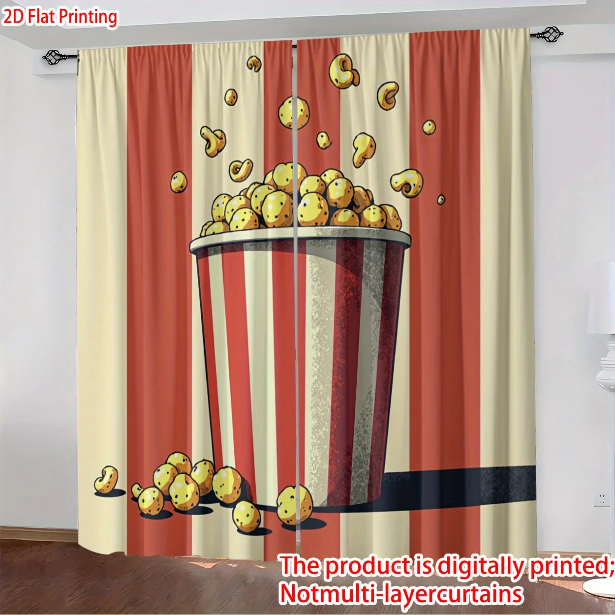 3D Popcorn Bucket Curtain, Retro Cinema Snack Blackout Drapes, Funny Movie Theater Decor for Kids Room Home Theater Living Room