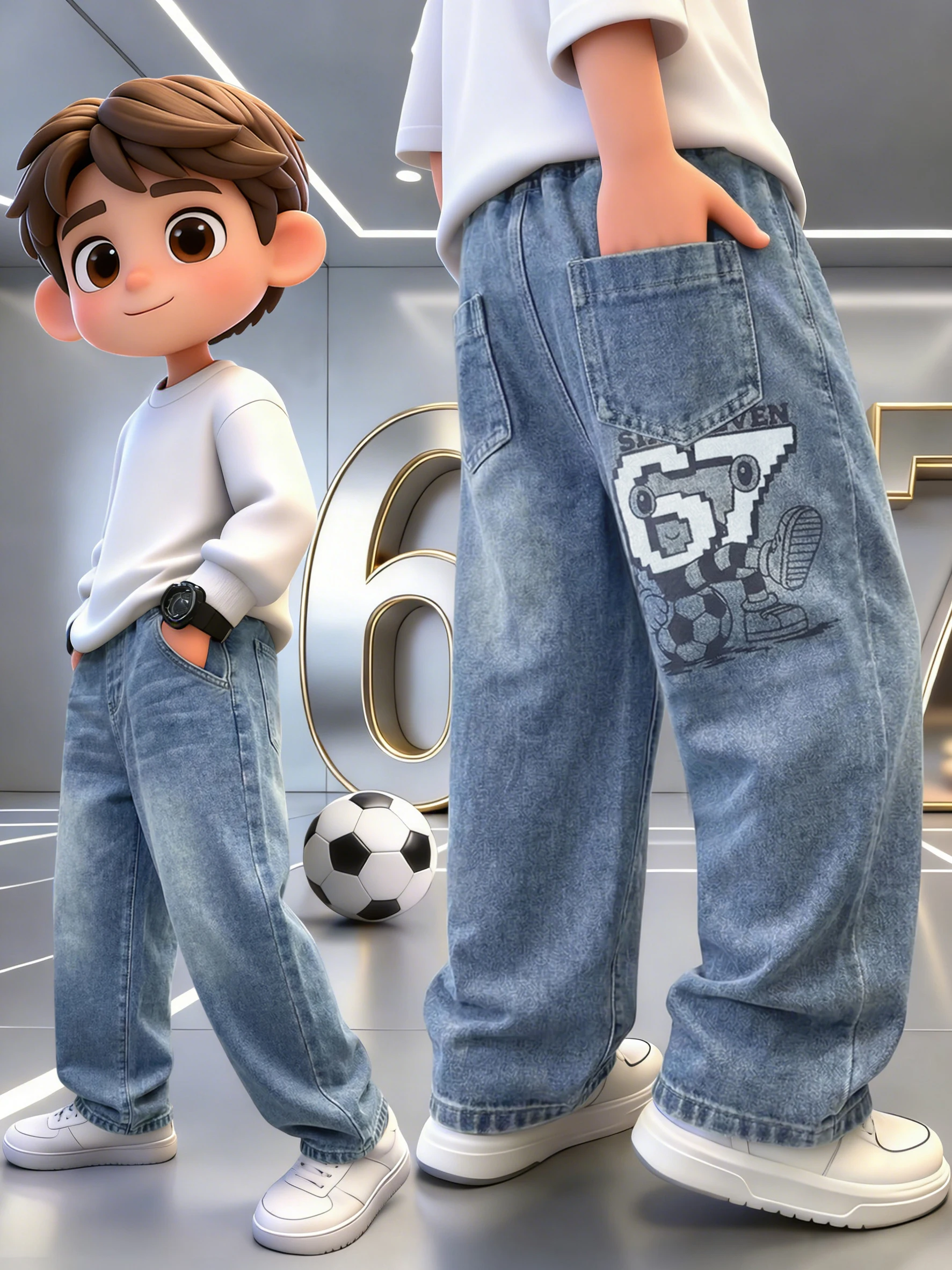 Original-Jeans für Jungen, trendige, gewaschene Denim-Hosen, Jungen-Cartoon-Druck mit der Nummer „67“, locker sitzende lange Hosen für Kinder – Detail 1