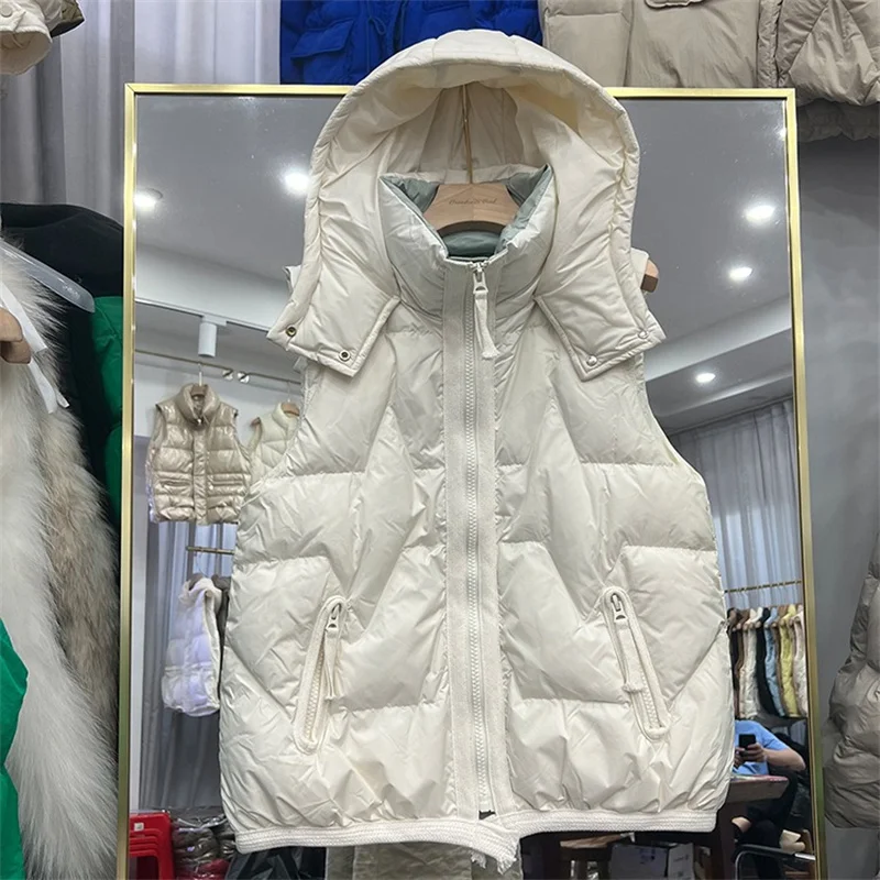 Nuovo inverno con cappuccio in piuma gilet donna leggero sottile bianco piumino d'anatra cappotto signora senza maniche caldo piumino parka canotta corta