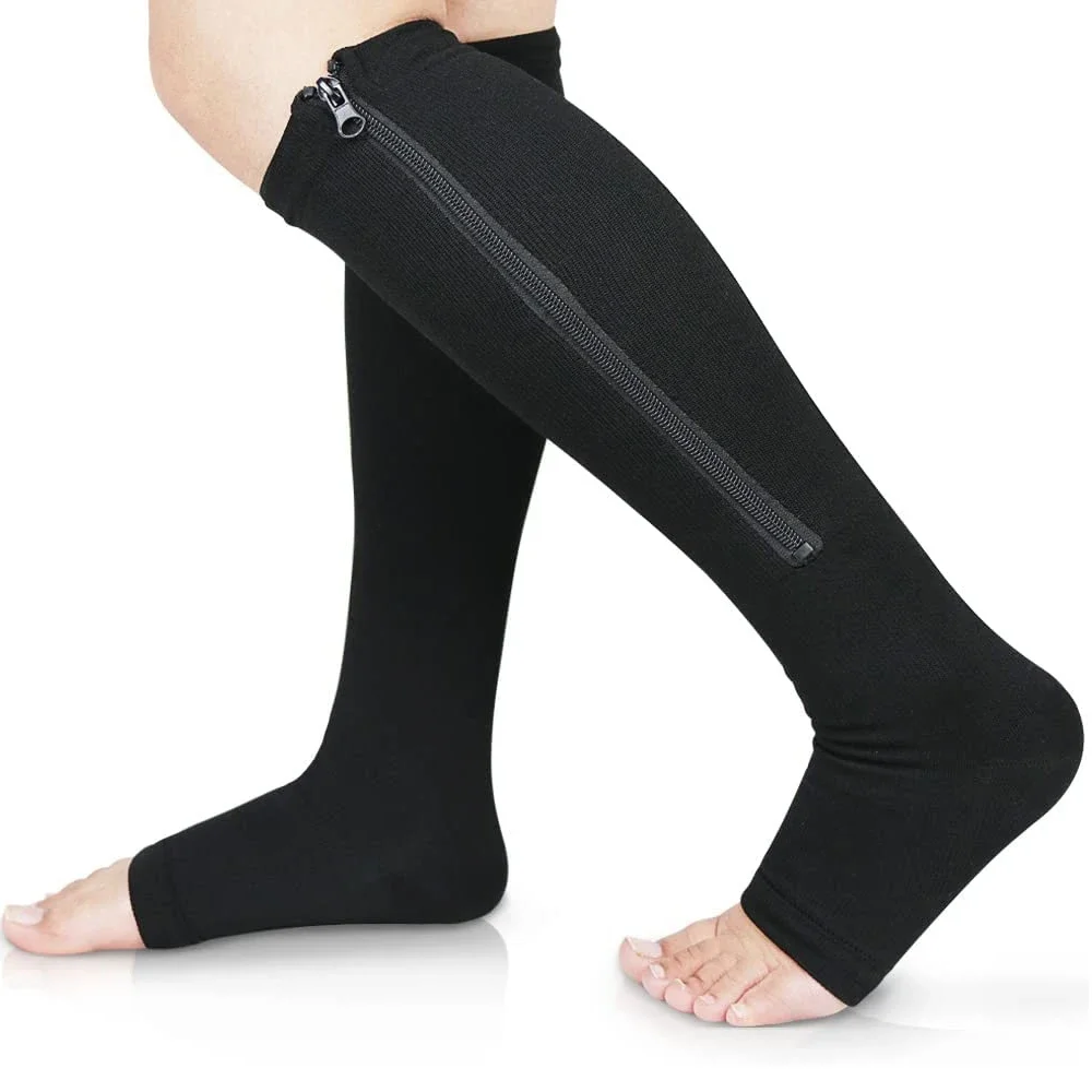Zipper Compression Socks Women & Men - 1Pair Calf Knee High 15-20mmHg Open Toe Compression Stocking suit for Walking