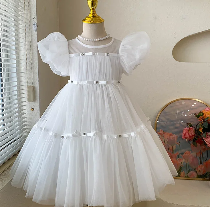 Retail New Baby Girls 2024 High Quality  Boutique Blue White Party  Dress , Princess Kids Birthday Dresses Holiday 2-8T