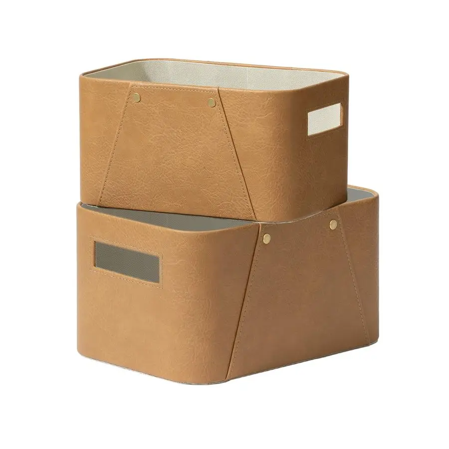 

Корзины для хранения и организации, 2 шт., коробки-кубы для хранения из роскошной коричневой веганской кожи для шкафа, полки, книжного шкафа, цвет кэмел