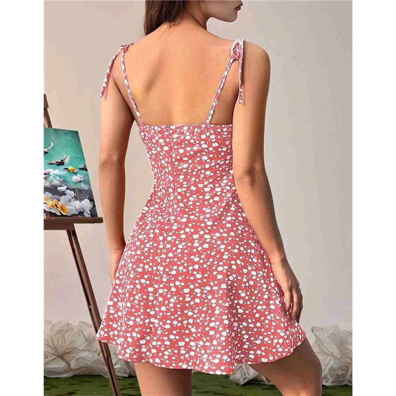 A83F-Abito floreale Boho da donna con pagliaccetto e cinturino per spaghetti