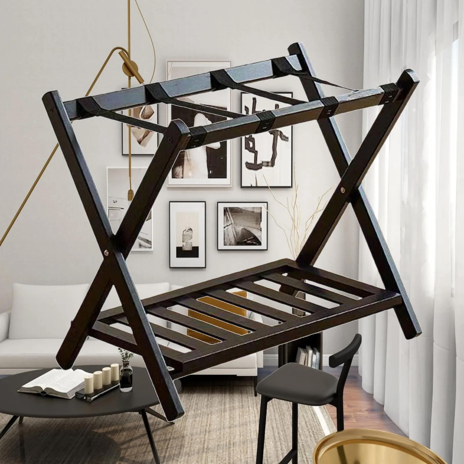 Space Saving Luggage Rack with Shoe Shelf Foldable Suitcase Stand for Hotel Guest Room Bedroom