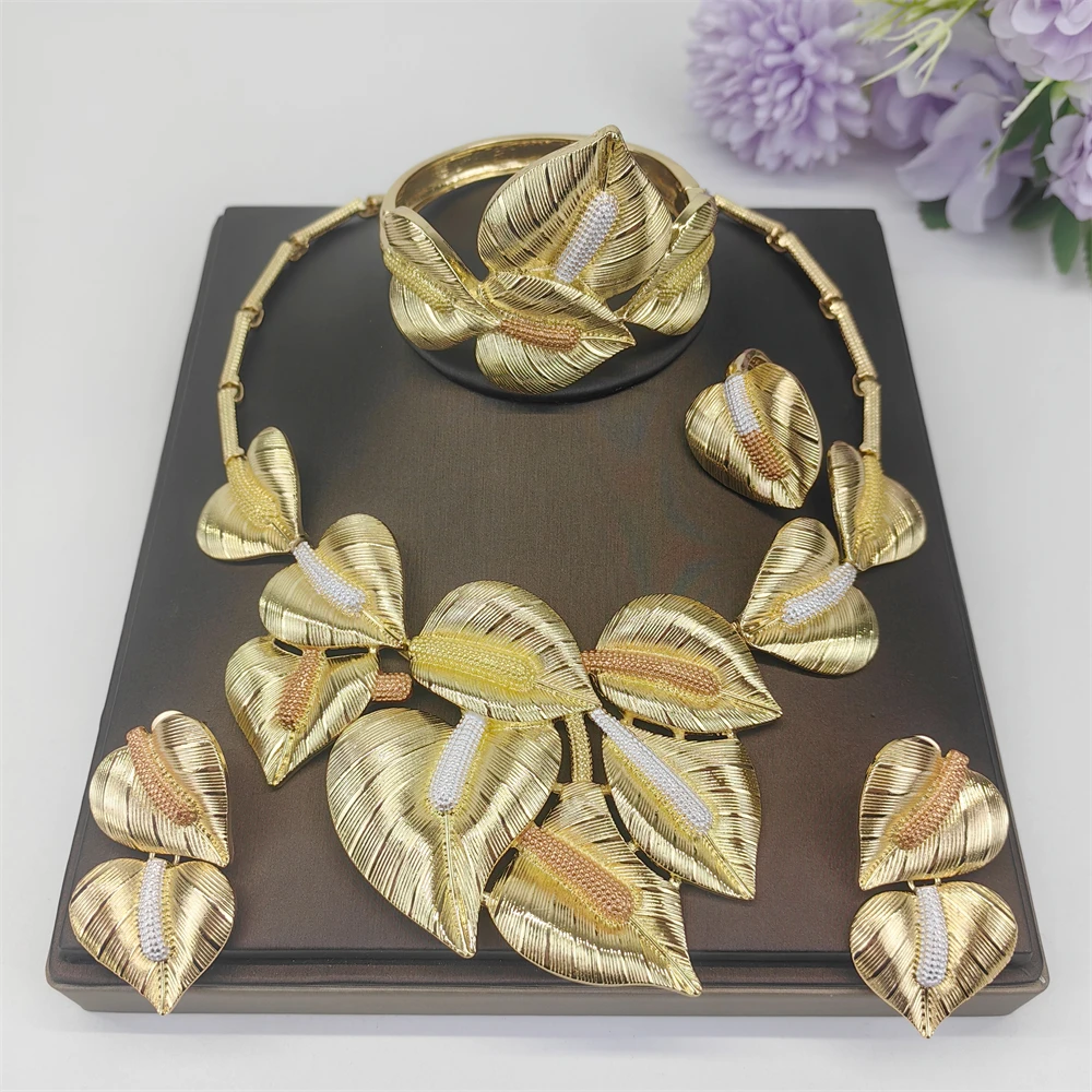 Dubai 18k Gold Plated Women Jewelry Set Classic Design Plant Leaves Necklace Earrings Bracelet And Ring 4PCS Set Jewelry