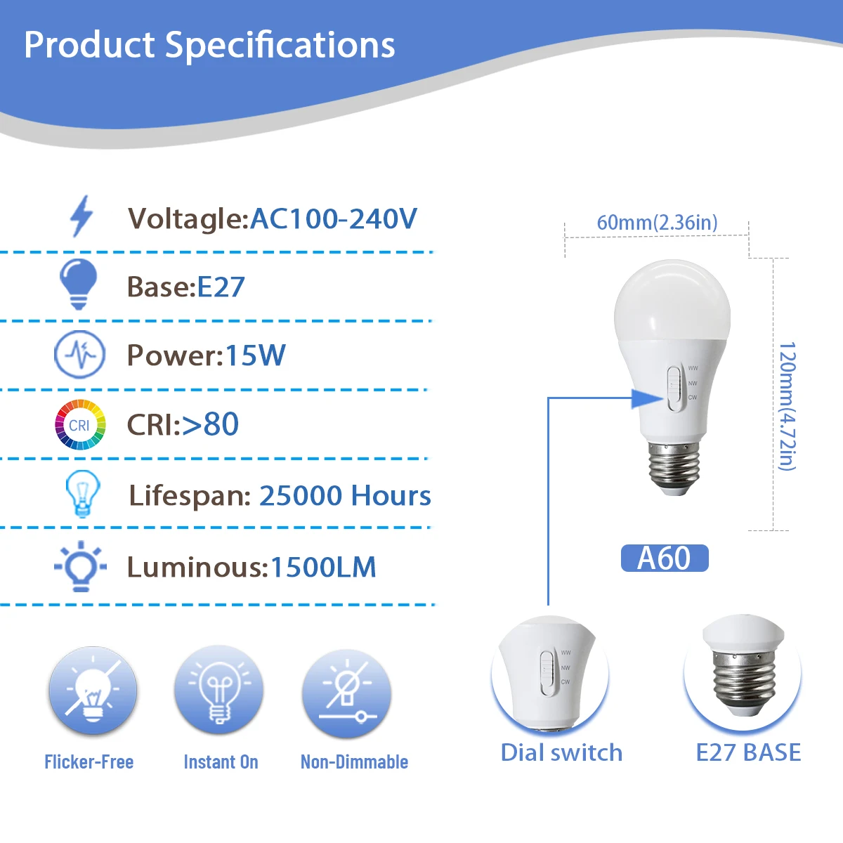 1-10PCS DIP Switch Three-color Temperature Switching E27 LED Bulb Light AC100-240V 15W Equivalent 80W Lamps for living room home