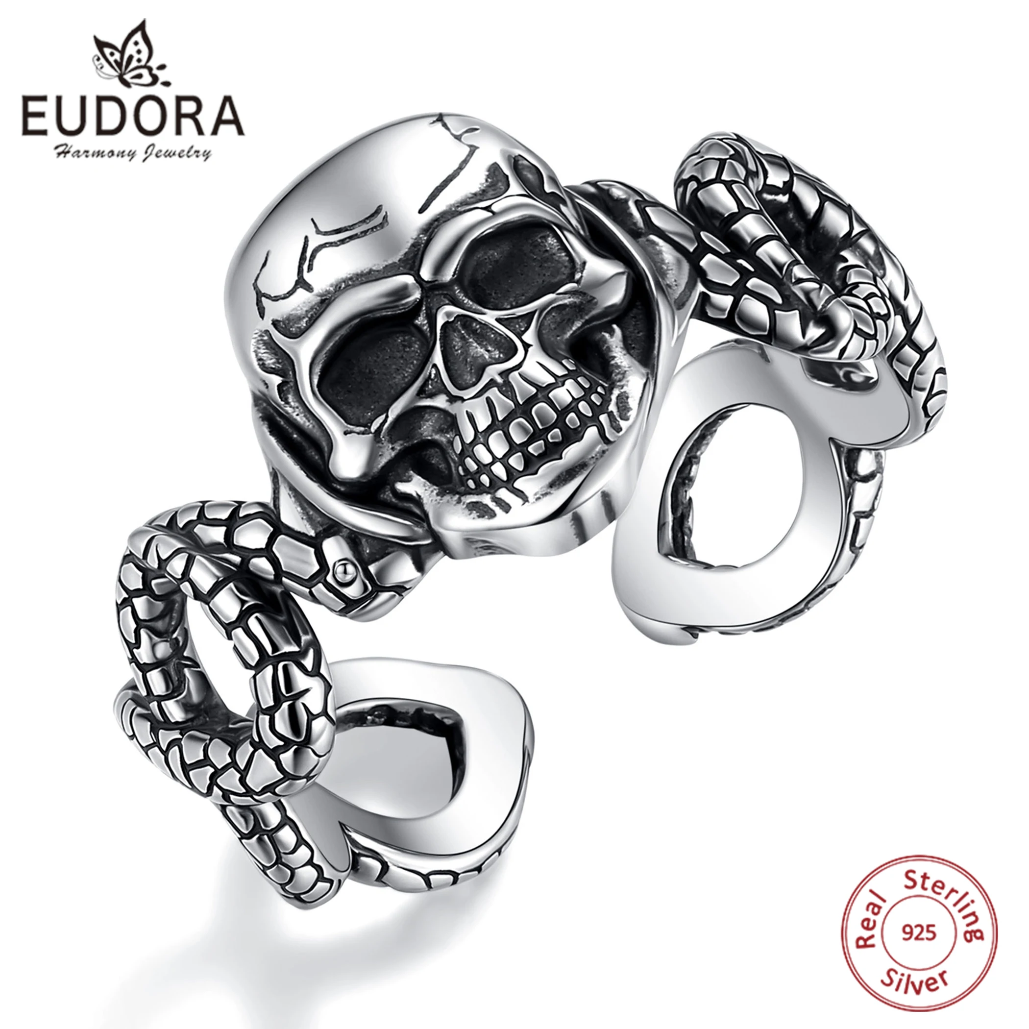 

Кольцо Eudora из стерлингового серебра 925 пробы с черепом змеи, регулируемое, в виде кобры, в языческом стиле, подарок для мужчин и женщин