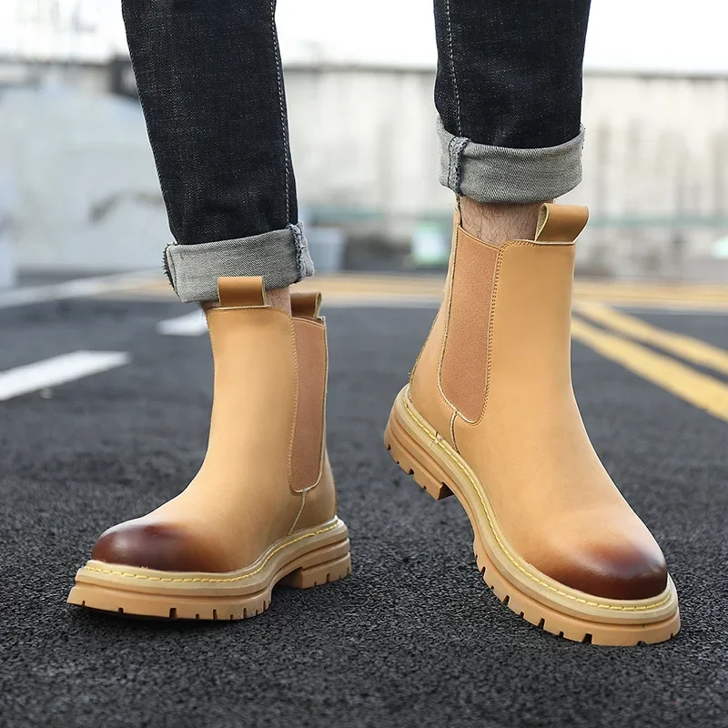 

British Style Men Chelsea Boots Platform Waterproof Autumn Winter Plus Cotton Warm Snow Boots for Men High Top Leather Shoes