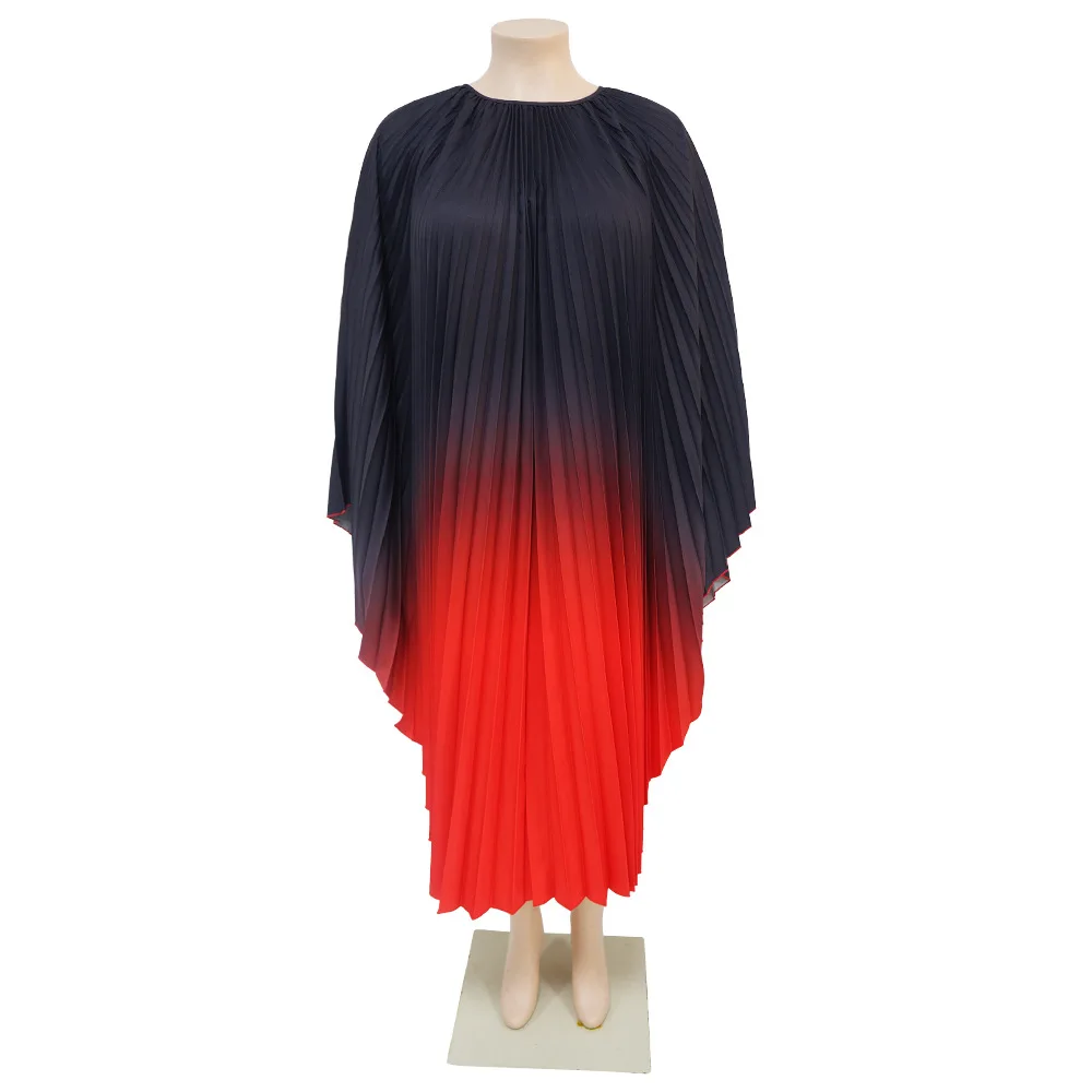 Fashion Gradient Pleated Dress For Women O-neck Long Batwing Sleeve A-line Dresses Female Clothing 2024 Spring