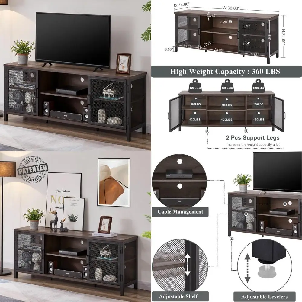 حامل تلفزيون خشبي ريفي لأجهزة التلفاز مقاس 55-65 بوصة: خزانة وحدة تحكم ترفيهية كبيرة بأبواب
