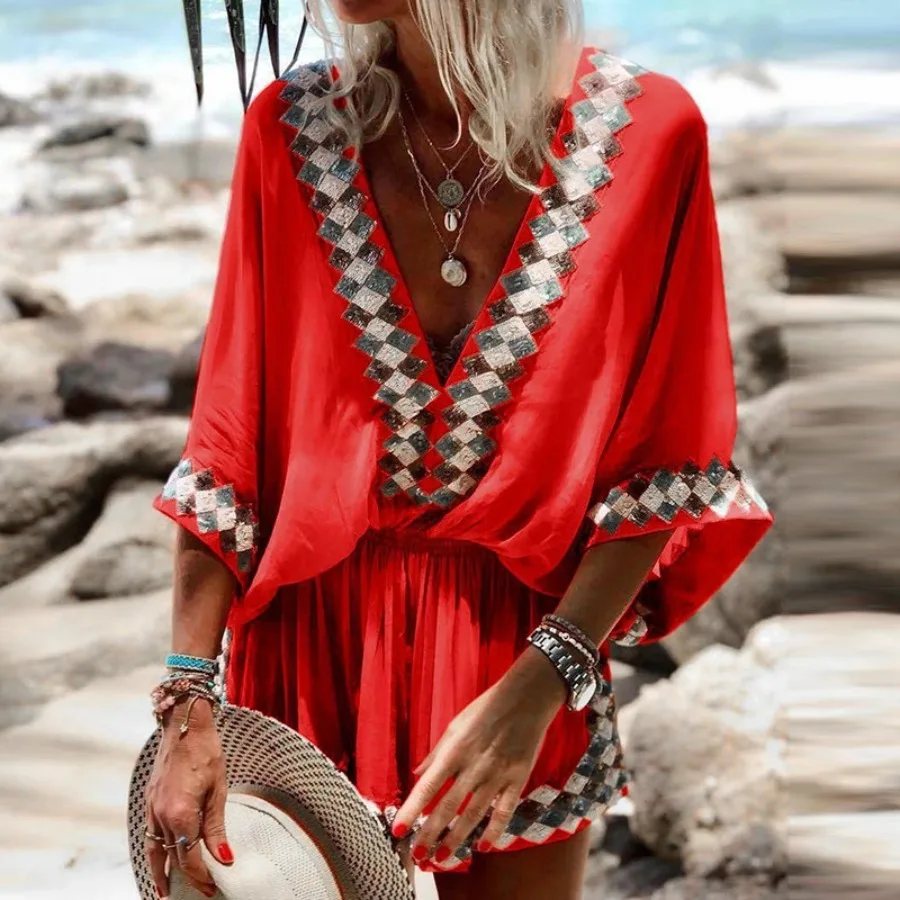 

【New style】Beach dress printed big swing dress hot women's dress Simia style in stock