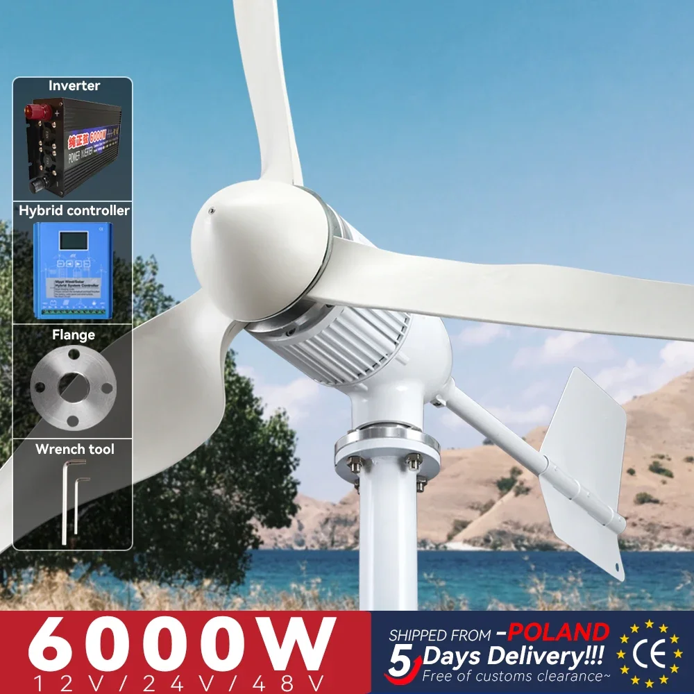 

EU Wind Turbine 4000W Generator Axis Windmill Energy Sources 6KW 12v 24v 48v 3 Blades Mppt Charge Controller Off Grid Inverter