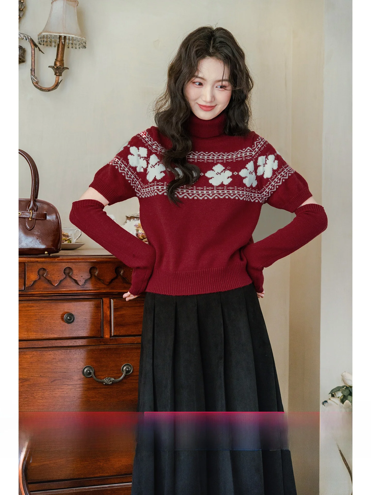 

Red High Collar Sweater Women's Inner Wear Winter Faionable Beautiful Unique Fair Isle Sle Long Sve Loose Fit Knitted