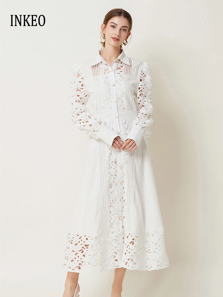 

Elegant Lace patchwork Long shirt dress for women 2025 Spring summer Solid Hollow out long sleeve Midi dress Luxury INKEO 4D146