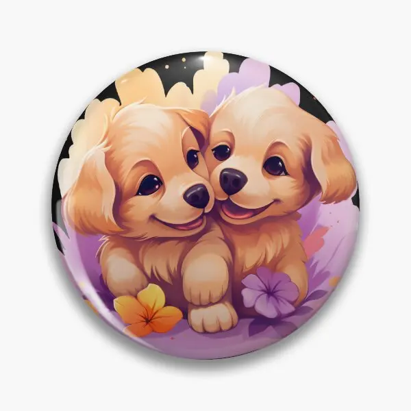 Golden Retriever Puppy Is With Flowers  Soft Button Pin Lapel Pin Gift Metal Cartoon Badge Jewelry Cute Women Clothes Lover