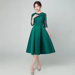 Robe de Demoiselle d'Honneur Verte en Satin, Tenue de Soirée en Dentelle, Demi-Manches, Longueur Genou, pour Mariage, 2024