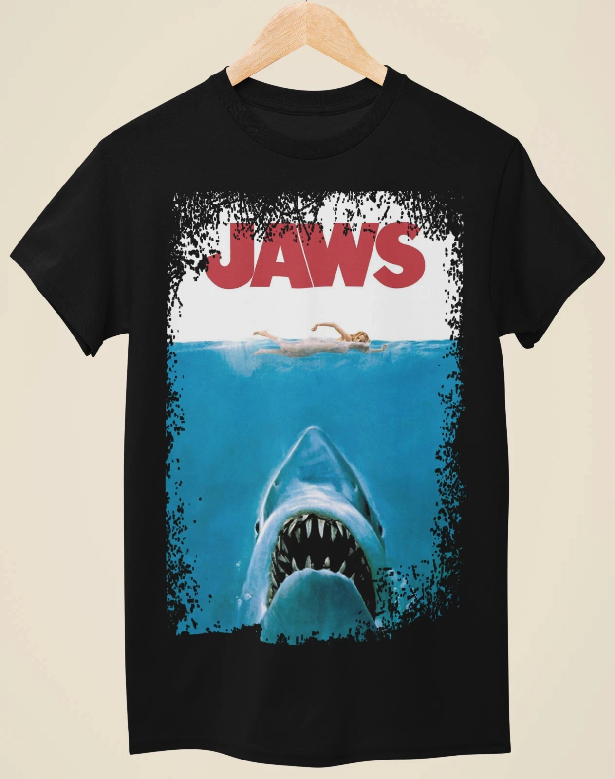 Jaws Movie Poster Inspiration Neutral Black T-shirt Four Seasons Men and Women Pure Cotton Casual Fashion Streetwear