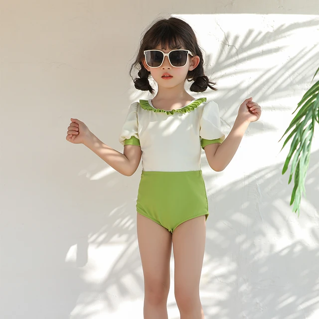 Baby Girl Swimwear Short Sleeve Bikini One Piece Swimsuit Green Falbala Bathing Beach Newborn Kid Clothes Sets 2022 AliExpress 201768104