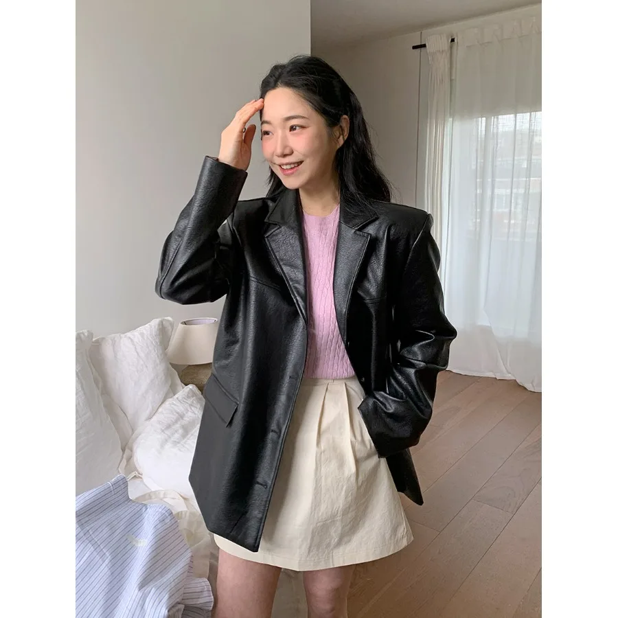 Casual Style Women's Leather Jacket Versatile Suit Style Outerwear Long Sleeve Mid-Length Chinese Manufacturer