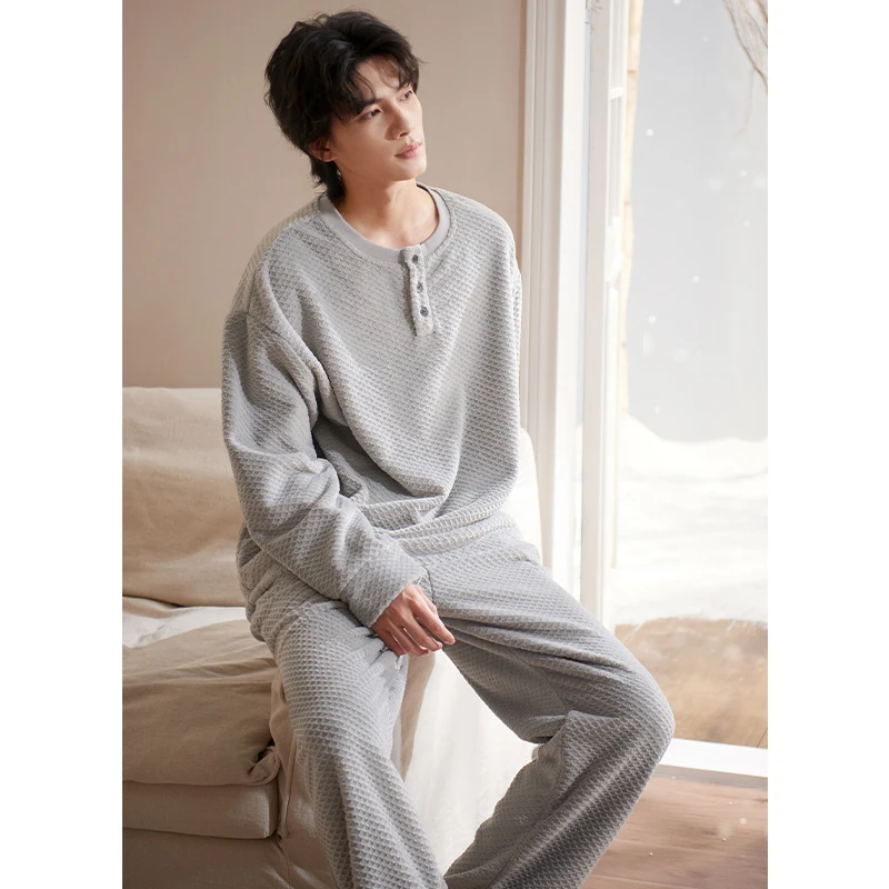 Autumn Winter Men Island Fleece Pajama Set O-Neck Pullover Pajamas Sleepwear Keep Warm Flannel Pyjamas Male Home Clothing L-XXXL