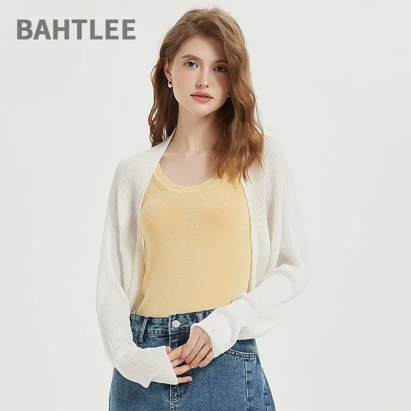 BAHTLEE-Women's Lyocell Cardigan, Solid Color, Raglan Sleeve, Knitted Shawl, Sunscreen Clothing, Thin Style, Spring