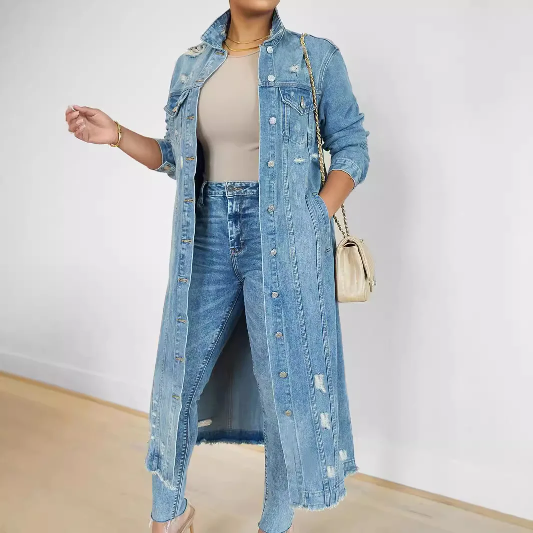 Women Long Denim Jacket Hole Overcoat Single Breasted Pockets Turn Down Collar 2024 Female Streetwear Vintage Jean Outerwear