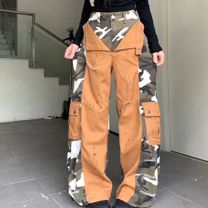 HKSH Spring Autumn New Women Casual Pants Camouflage Patchwork Distressed Denim Fake Two-Piece Multi-pocket Safari Style HK13447