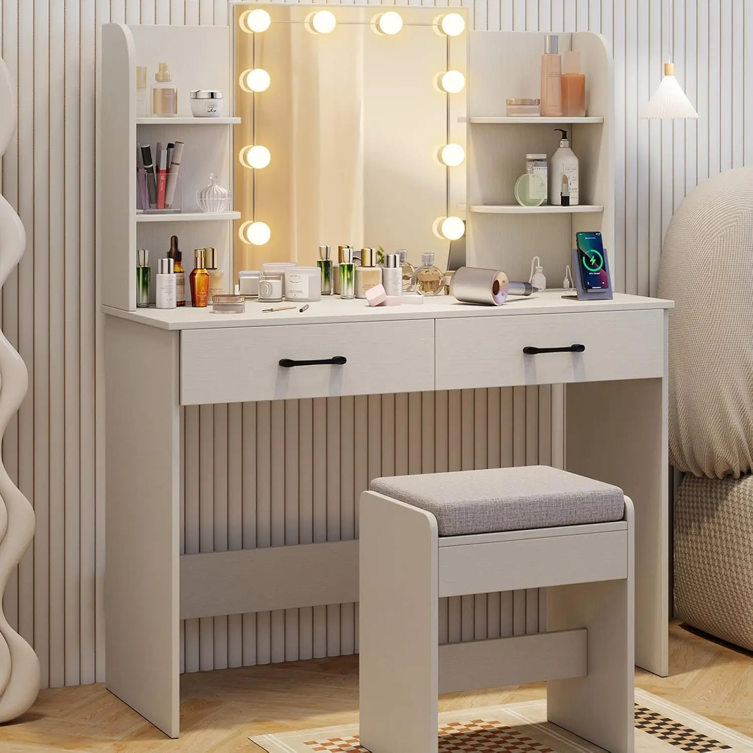 Dressing Table & Stool Set w/Charging Station, 3-Color Dimmable LED Lights, Drawers & Op,Makeup Vanity Desk with Lighted Mirror