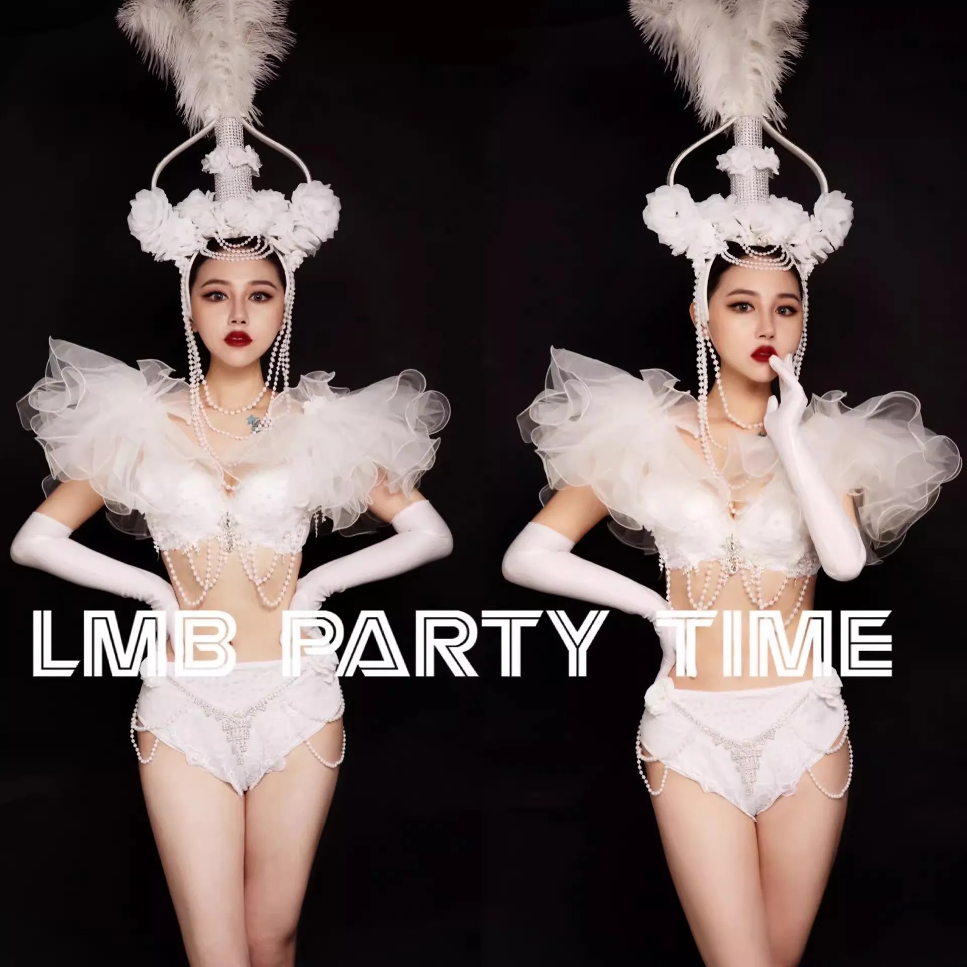 

White Mesh Bubble Sleeve Jacket+Sparkling Pearl Bikini Sexy Set Bar Dance Team Party Prom Outfit Bar Gogo Performance Costume