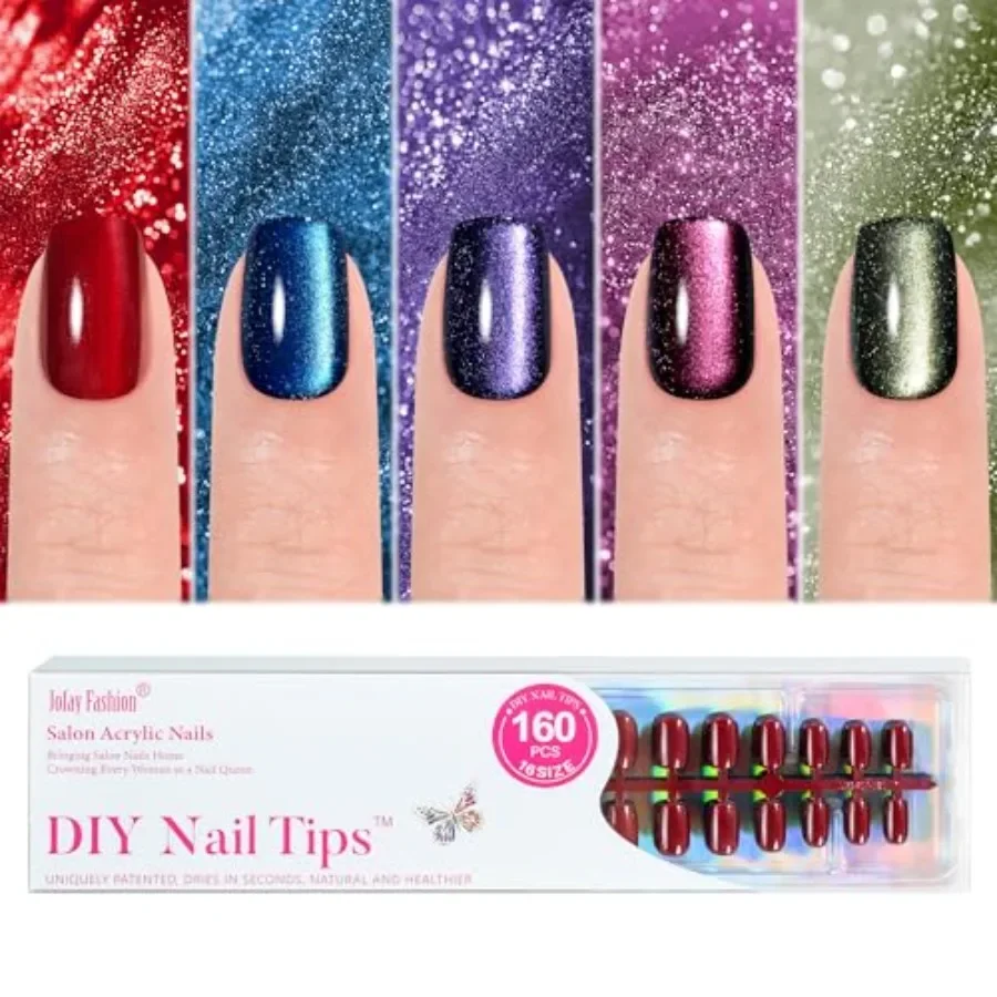 

Cat Eye Press on Nails Short 5 Styles 160Pcs SalonLike Fake Nails with Glitter Chasing Light Cat Eye Designs for Women Valentin
