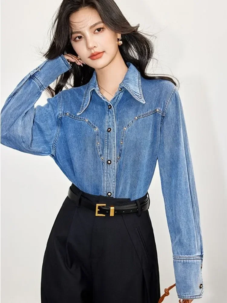 Blusa jeans de manga comprida vintage com um único peito feminino, jaqueta primavera, camisas de outono, casaco feminino do escritório, tops azuis chiques, novo