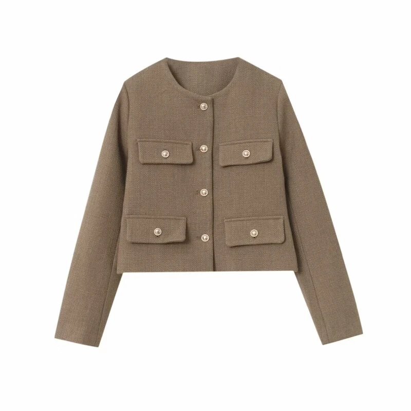 

Элегантная женская куртка, осенне-зимнее укороченное пальто с круглым вырезом, украшение на пуговицах, верхняя одежда, женские уличные топы