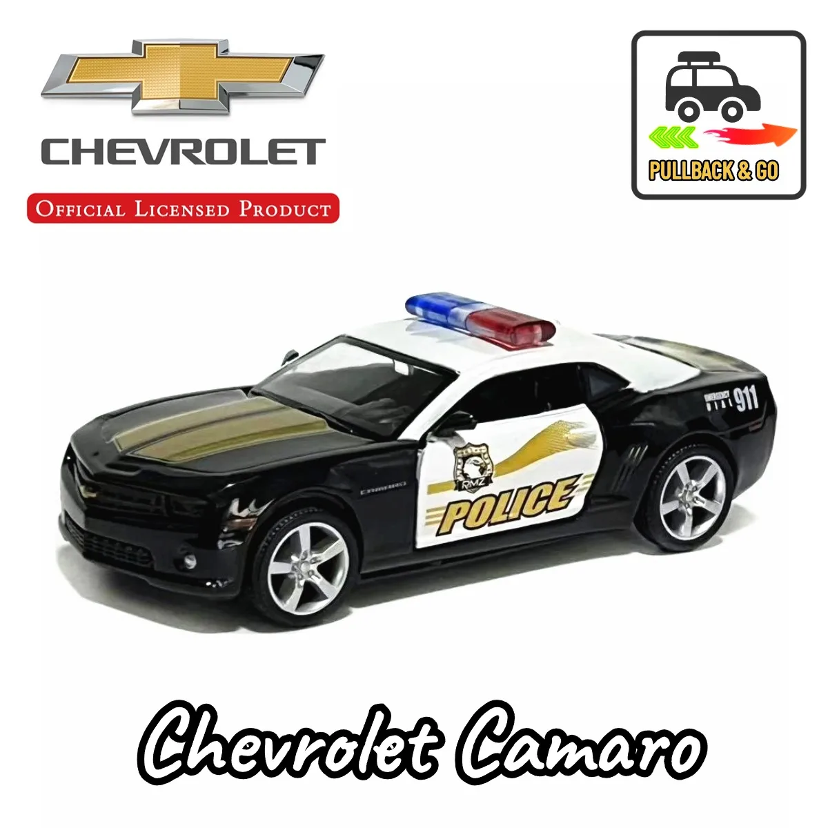 

1:36 Chevrolet Camaro Pullback Cops Car Model Mechanic Replica Official Licensed Scale Diecast Miniature Art Xmas Kid Boy Toy