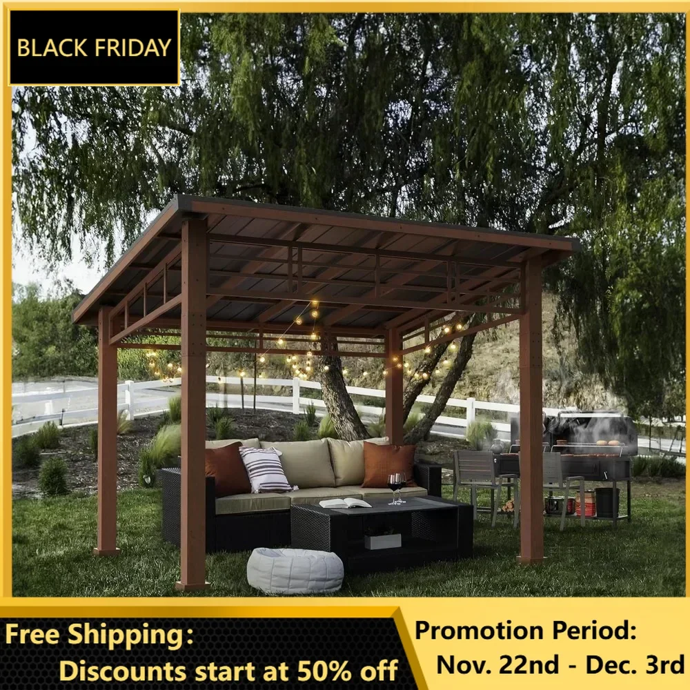 10x12 Gazebo, Pergola Metal Roof Gazebo with Wooden Frame, Patio Gazebo Canopy with Curtains, Pavilion Grill Hardtop Gazebo