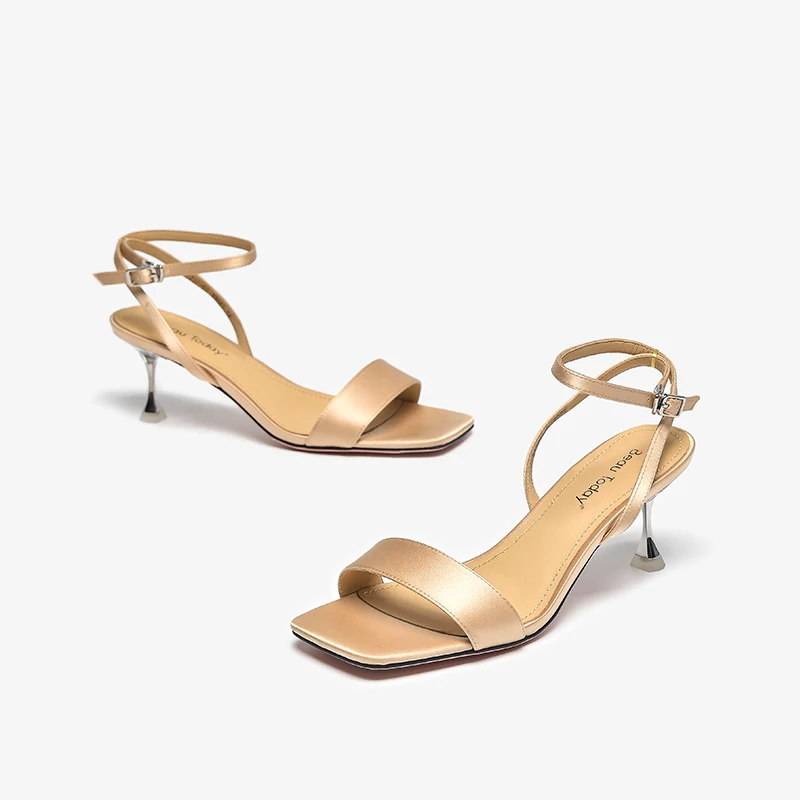 BEAUTODAY Elegant Sandals Women Fabric Solid Color Square Toe High Heel Party Pumps Ankle Strap Ladies Shoes Handmade 31237