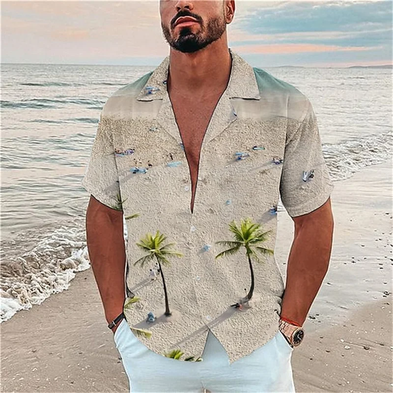 2023 Coconut Tree Men\'s Shirts 3D Flamingo Print Hawaiian Shirts Single breasted Beach Short Sleeve Top Fashion Holiday Clothing