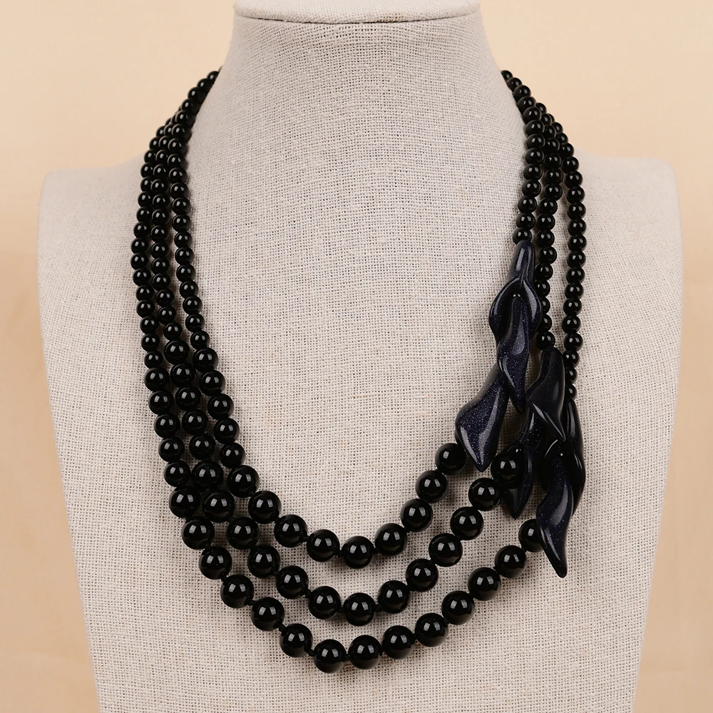 APDGG NO136 Handmade 3 Rows Natural Mix Stone Black Onyx Blue Crystal Gems Multi Strands Necklace