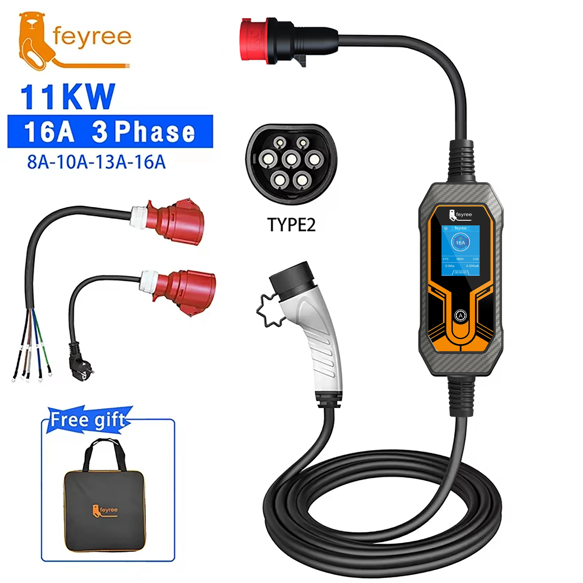 feyree 11KW 16A 3 Phase EV Portable Charger Type2 5M Cable EVSE Charging Box Electric Car Charger CEE Plug for Electric Vehicle