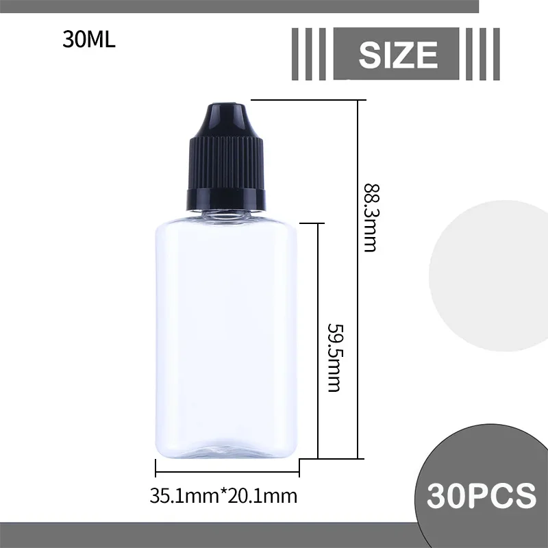 Botellas de plástico PET vacías, gotero plano cuadrado de Punta larga, transparente/Negro, 30 piezas, 30ml