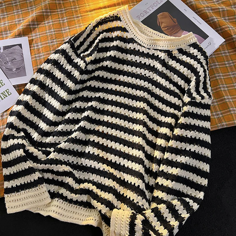 Cotton Knitted Hollow Out Black White Striped Long Sleeve Men O Neck Sweaters Vintage Cool Fashion Oversized Pullover Autumn Top