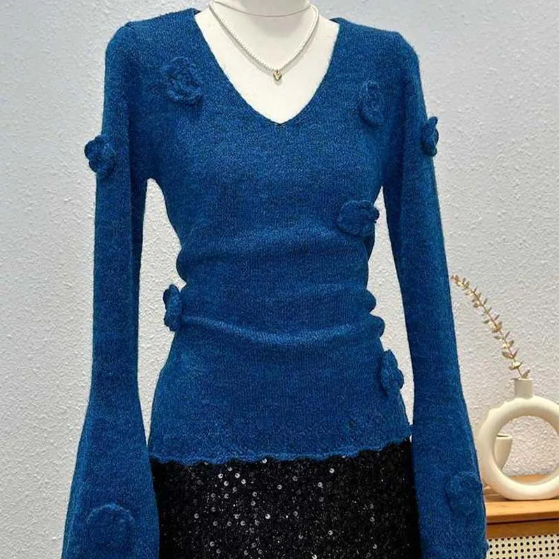 Korean Women V-Neck Long Sleeve Knitted Sweater Spring Autumn 3D Flower Knitting Sweater Fashion Temperament Knitwear Tops Soft